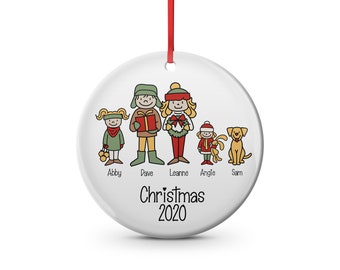 Holiday family ceramic Christmas ornament. Custom family, personalized ornament, add dog, cat, baby, mom, dad, girl, boy,