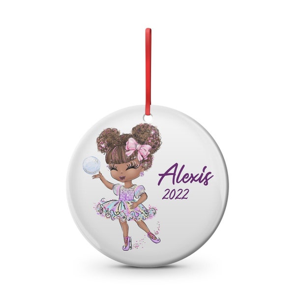 sparkly girl kids custom Christmas ornament African american girl puffs hair with tutu 2.75 inch custom name kids,