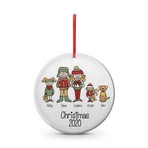 Holiday family ceramic Christmas ornament. Custom family, personalized ornament, add dog, cat, baby, mom, dad, girl, boy,