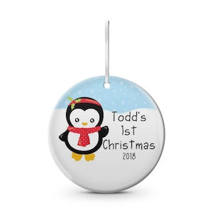 Personalized kids Penguin Christmas ceramic Christmas ornament customize with name, penguin, holiday, gift, daughter, son, baby,