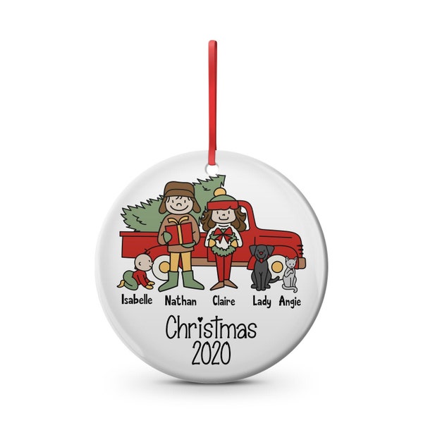Holiday family ceramic Christmas ornament. Custom family, personalized ornament, add dog, cat, baby, mom, dad, girl, boy,