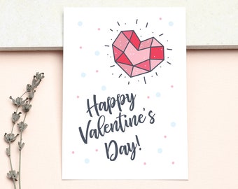 Happy Valentine's Day - note card  - matte finish 4.25 x 5.5 size.Blank inside, Gemstone Heart, Valentine, Love,