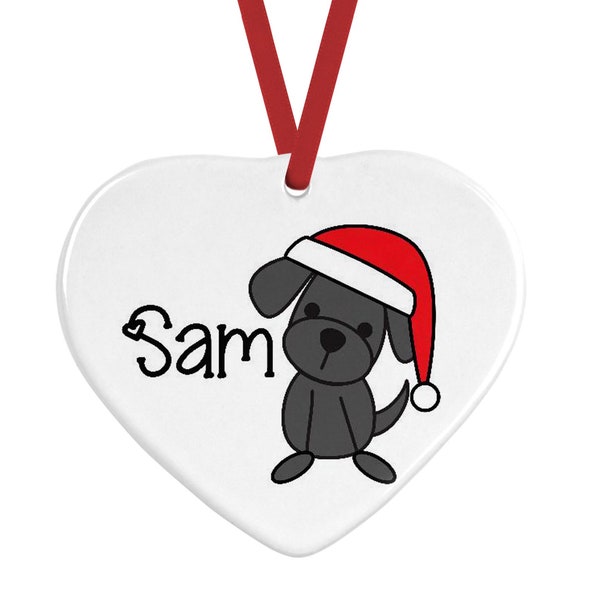 Custom heart shaped Dog ornament with name - color of dog fully changeable, puppy, christmas, gift, holidays, pets, santa hat