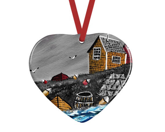 Acadian painting ceramic ornament set of 8 Nova Scotia traditional acadie heart shape fishing village maritime,canada lighthouse