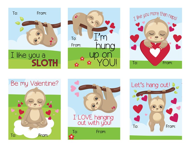 Sloth Valentine set of 6 styles English CHOOSE QUANTITY image 0.
