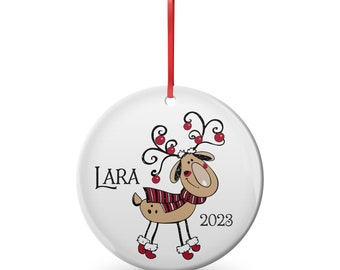 quirky reindeer , Kids name and year or *name's first christmas,  Christmas ornament, personalized