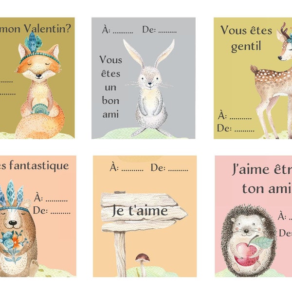French Valentine set of 6 PRINTABLE ,download, woodland animals, francais, Valentin, kids, les animaux,le foret, kids, lièvre, ours, renard