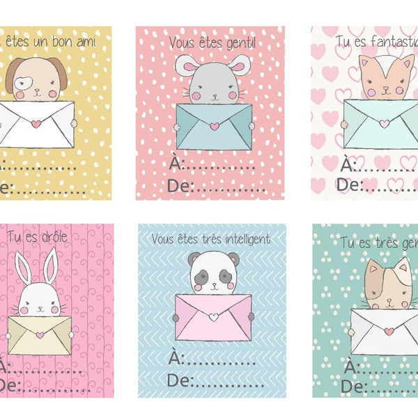 Français Saint-Valentin ensemble de 6 PRINTABLE, téléchargement, animaux, francais, professeur Valentin, enfants, peut personnaliser avec un nom, enfants valentines