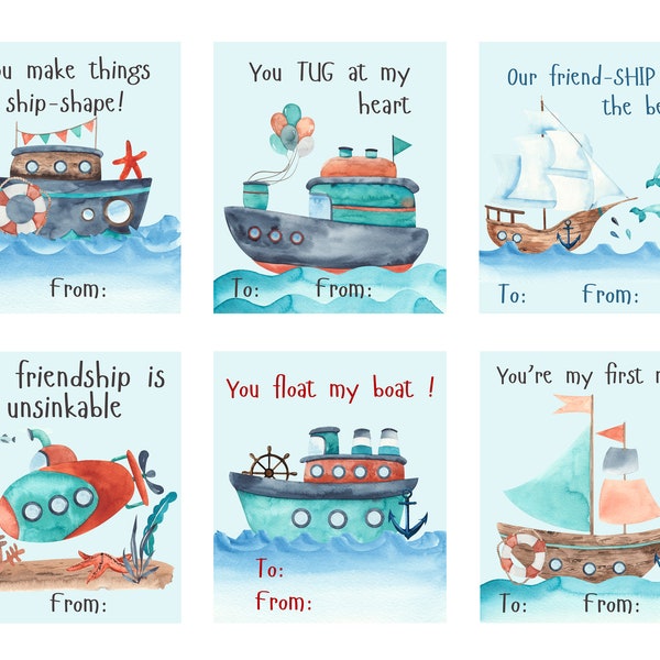 Valentine ships  set of 6 PRINTABLE ,download, English, Valentine, kids, valentine's day, with teacher valentine, Boats, submarine