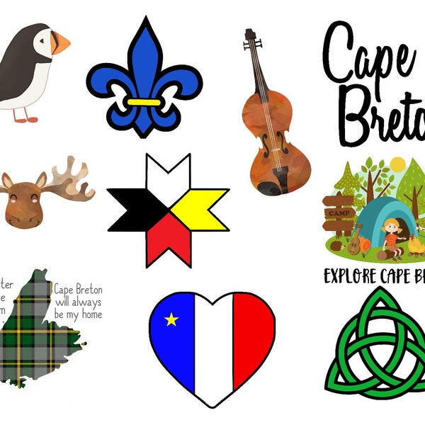 Cape Breton - Nova Scotia  Diecut sticker pack -  Set of 10  - roughly 3 inches,  Maritime, CB, Celtic, Mi'kmaq, camping