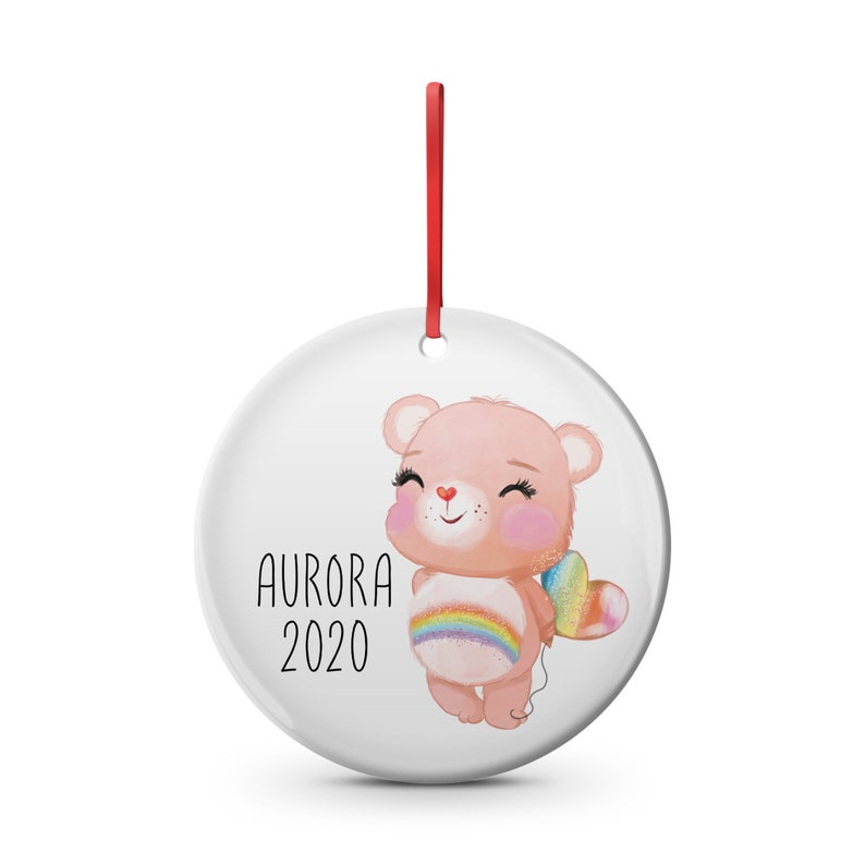 Kids pink rainbow Care Bears inspired kids custom ceramic Christmas ornament 80/'s 2.75 inch custom name kids
