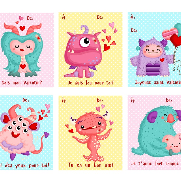 FRENCH Love Monsters Valentine set of 6  PRINTABLE download, Monstre, Saint Valentin, valentine's day, with teacher valentine, professeur