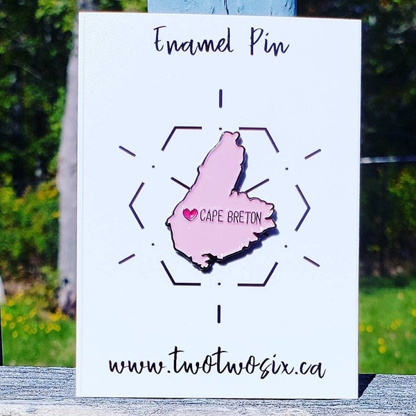 Cape Breton, Nova Scotia soft enamel lapel pin. In pink with a dark pink heart. flair, pins, gift, cute east coast, maritimes, Canada caper