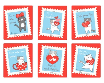 Ensemble de 6 chatons mignons chat français Saint-Valentin IMPRIMABLE, téléchargement, anglais, saint valentin, avec professeur valentine, saint valentin, francais