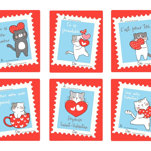 Cute Kittens Cat FRENCH Valentine set of 6 PRINTABLE ,download, English, valentine's day, with teacher valentine, saint valentin, francais