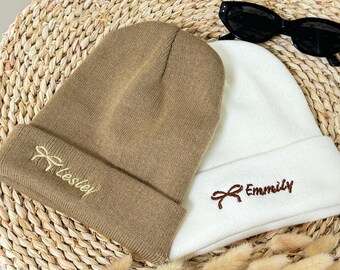 Custom Embroidered Name Beanie Hat with Bow | Custom Name Beanies | Unisex Winter Hat | Y2K Christmas Gift for Her for Friend