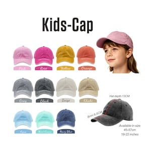 May include: A collection of Kids-Cap baseball hats in pink, rose, yellow, orange, gray, black, beige, khaki, aqua, mint green, and navy blue. The hats feature a 6.5 cm brim and 13 cm hat depth, available in sizes ranging from 18 to 22 inches.