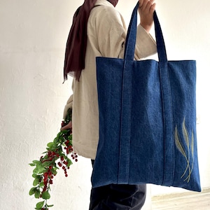 Embroidered Denim Tote Bag Handmade Floral Lined Cotton Canvas