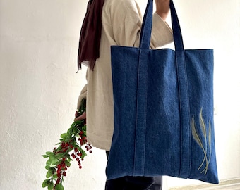 Geborduurde denim draagtas handgemaakt met bloemen gevoerd katoenen canvas