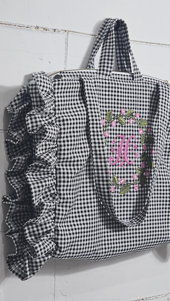 Personalized Gingham Ruffle Tote Bag Embroidered Monogram Name Lightweight Spacious Interior