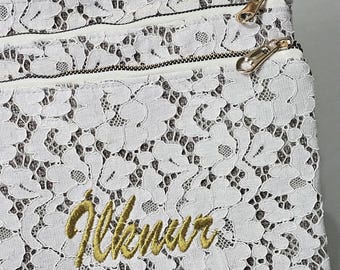 Handmade Beige Lace Clutch Detachable Wristlet Strap Minimal Travel Bag