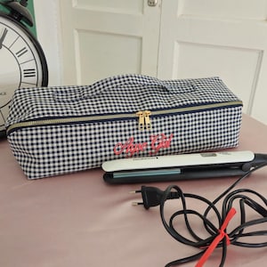 Personalized Hair Tool Travel Pouch – Gingham Case with Embroidered Name – Flat Iron Organizer – Gift for Her