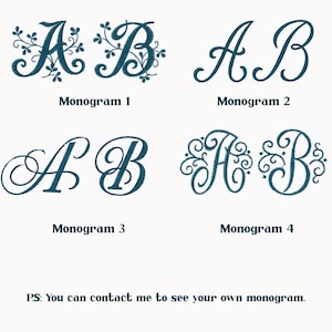 May include: Four teal monogram designs, each featuring the letters "A" and "B" in various elegant fonts. The designs are labeled "Monogram 1" through "Monogram 4". The text "P.S: You can contact me to see your own monogram" is also present.