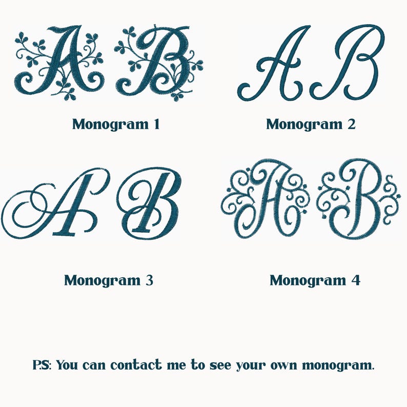 May include: Four teal monogram designs, each featuring the letters "A" and "B" in various elegant fonts. The designs are labeled "Monogram 1" through "Monogram 4". The text "P.S: You can contact me to see your own monogram" is also present.