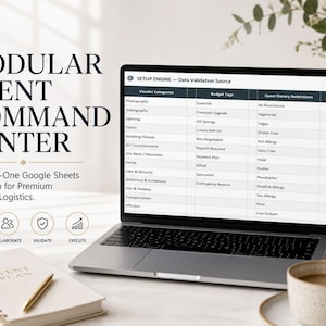 Può includere: Un laptop mostra un foglio di calcolo con categorie di pianificazione del matrimonio e restrizioni dietetiche. Il testo "The Modular Event Command Center" è in alto, con la frase "The All-In-One Google Sheets Ecosystem for Premium Wedding Logistics."