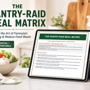 Könnte beinhalten: Ein Tablet zeigt The Pantry-Raid Meal Matrix, einen digitalen und druckbaren kulinarischen Leitfaden. Der Bildschirm zeigt eine Kurzanleitung mit fünf nummerierten Schritten zur Bestandsverwaltung, Essensplanung und Kochformeln.