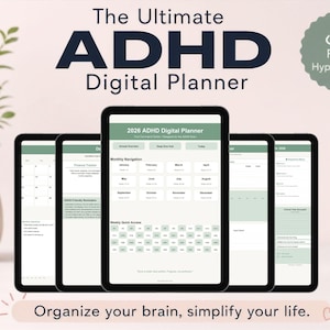 Op de afbeelding: Een digitale planner weergegeven op meerdere tablets. De tekst op het scherm luidt "2026 ADHD Digital Planner". De afbeelding bevat ook de tekst "The Ultimate ADHD Digital Planner" en "Organize your brain, simplify your life."