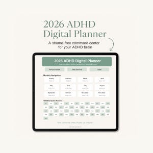 Puede incluir: Una tableta digital que muestra un planificador digital ADHD 2026 con una interfaz en color verde salvia y blanco. La pantalla presenta botones de navegación mensual de enero a diciembre y botones de acceso rápido semanal con el texto.