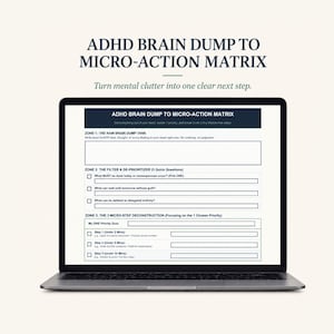 May include: A laptop screen displaying an ADHD Brain Dump to Micro-Action Matrix template. The document includes three zones: The Raw Brain Dump Tank, The Filter & De-prioritizer with three checkboxes, and The 3 Micro-Step Deconstruction section.