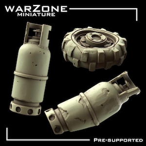 May include: Three miniature military-themed models in a light green color. The models include two cylindrical tanks and a tire. The text "WARZONE MINIATURE" is at the top, and "PRE-SUPPORTED" is at the bottom.