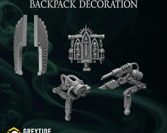 Może przedstawiać: Obraz różnych szarych dekoracji plecaka. Tekst na górze brzmi "ETERNAL PILGRIMS BACKPACK DECORATION". Dekoracje obejmują parę struktur przypominających skrzydła, gotycką strukturę z czaszkami i dwa wyglądające mechanicznie mocowania. Logo Greytide Studio znajduje się w lewym dolnym rogu.