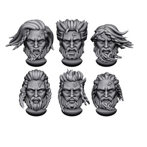 May include: Six gray busts of a bearded man with long hair and facial markings. Each bust has a different hairstyle and facial expression. The busts are on a white background.