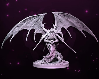 May include: A detailed, pre-supported miniature of a winged figure with two swords, standing on a circular base. The figure is clad in armor and has large, ornate wings. The text "DEN OF IMAGINATION" and "PRE-SUPPORTED" are visible.