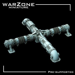 May include: A light gray miniature, a cross-shaped structure with cylindrical and rectangular components. The text "WARZONE MINIATURE" is at the top, and "PRE-SUPPORTED" is at the bottom. The object is designed for tabletop gaming.