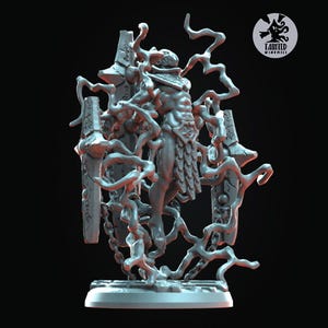 May include: A gray miniature figure of a humanoid creature with intricate details, surrounded by twisting tendrils and standing between two ornate pillars. The figure has a detailed chest piece and a chain. The logo "Tainted Windmill" is in the upper right corner.