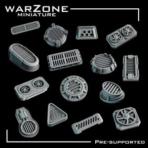 May include: A collection of gray miniature sci-fi terrain pieces, including vents, grates, and circular components. The pieces are pre-supported and designed for tabletop gaming or model building. The text "WARZONE MINIATURE" is at the top.
