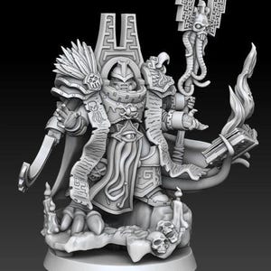 Puede incluir: Figura en miniatura gris detallada de un guerrero con armadura ornamentada, sosteniendo una espada y un báculo con un diseño de calavera y tentáculos. La figura está sobre una base con calaveras y velas, con un libro y llamas.