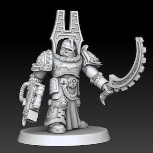 May include: A detailed, gray miniature figure of a futuristic warrior in ornate armor, holding a weapon and a gun. The figure stands on a circular base, showcasing intricate design elements.