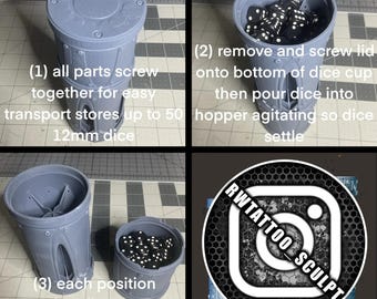 May include: A gray 3D-printed dice cup with a screw-on lid, designed to store up to 50 dice. The image shows the assembly process, including how to dispense dice into a roll cup. The text on the image says "RWTATTOO SCULPT".