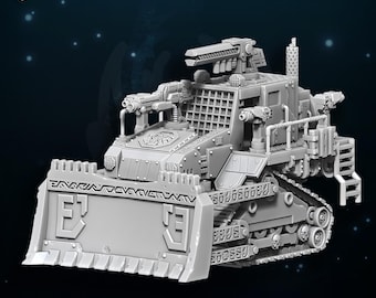 Pode incluir: Miniatura cinzenta pré-suportada de um tanque futurista com uma grande lâmina frontal, várias armas e um sistema de esteiras detalhado. O tanque tem o texto "DEN OF IMAGINATION" e "PRE-SUPPORTED".