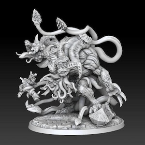 Puede incluir: Miniatura detallada impresa en 3D de una criatura monstruosa con múltiples tentáculos, garras y una pequeña figura. El modelo es gris y se asienta sobre una base circular, ideal para juegos de mesa o exhibición.