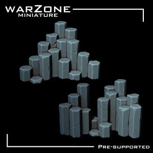 May include: Two sets of pre-supported miniature terrain pieces. Each set features a cluster of gray, hexagonal-shaped rock formations of varying heights. The text "WARZONE MINIATURE" is at the top, and "PRE-SUPPORTED" is at the bottom.