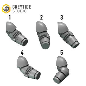 May include: A collection of five gray, articulated arm components, likely for a miniature figure or model. Each arm is shown in a different pose, with a rounded shoulder and elbow joint. The GreyTide Studio logo is in the upper left corner.