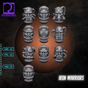 May include: A collection of gray miniature busts, each with unique mechanical and cybernetic features. The busts are arranged in rows and columns, with the text "IRON WARRIORS" at the bottom. The logo "DAO MINIATURES" is in the upper left corner.