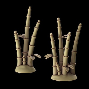 May include: Two bamboo sculptures with a light green color and detailed textures. The bamboo stalks are arranged in a cluster, with leaves and nodes visible. The sculptures are set against a black background.