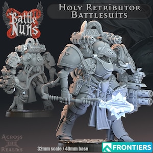 May include: A grey miniature of a Holy Retributor Battlesuit, a futuristic armoured character, holding a weapon. The figure is part of the Battle Nuns series, with the text "Holy Retributor Battlesuits" and "Battle Nuns" visible.